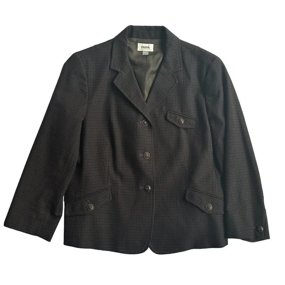 Fossil Blazer Jacket Women's Size 6 Brown Plaid Lined Equestrian Button Pockets